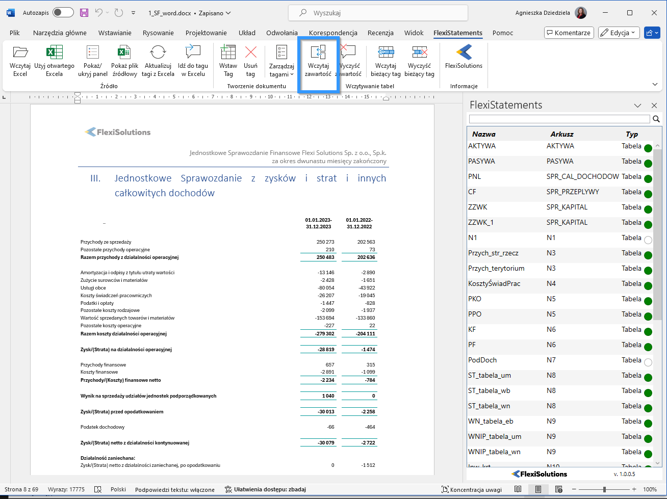 Aktualizacja dokumentu sprawozdania finansowego
